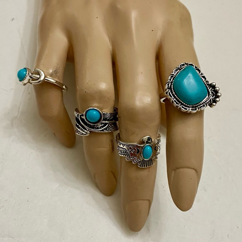 Vintage, 4pc Silver Tone- Faux Turquoise Rings (E)