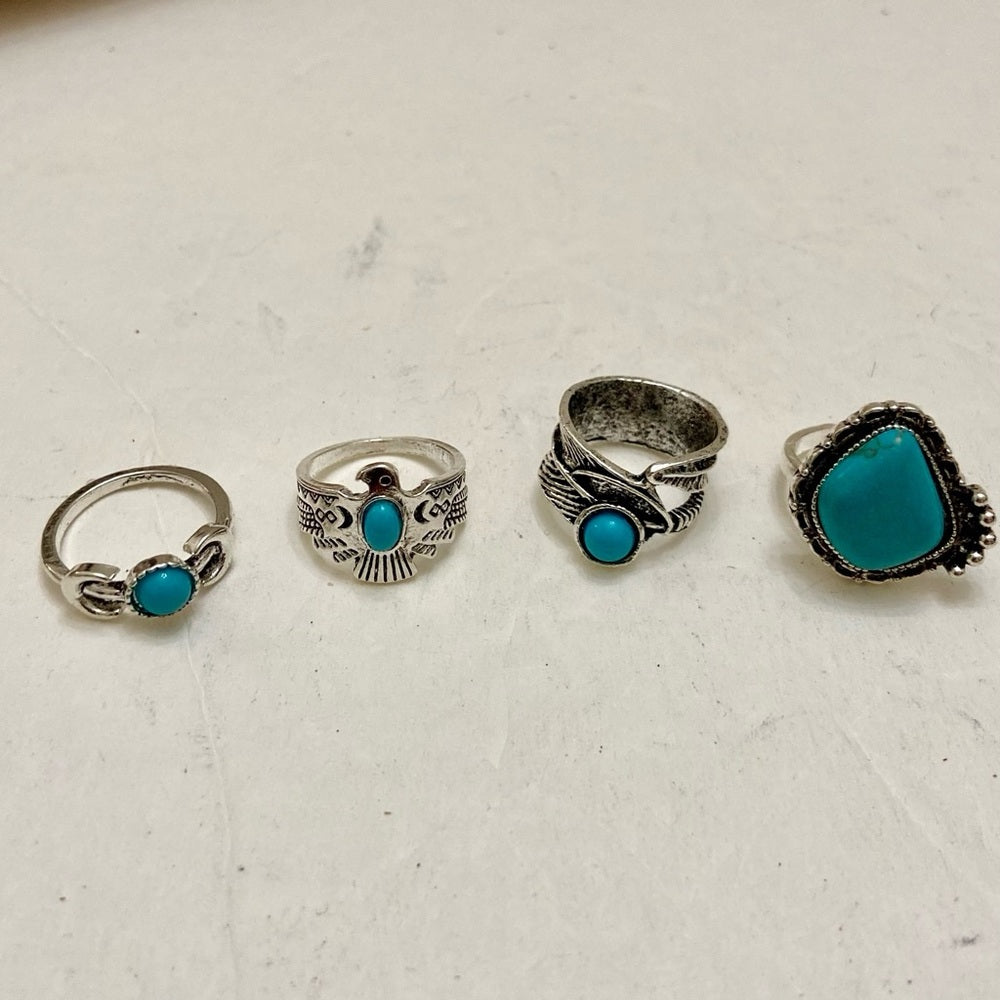 Vintage, 4pc Silver Tone- Faux Turquoise Rings (E)