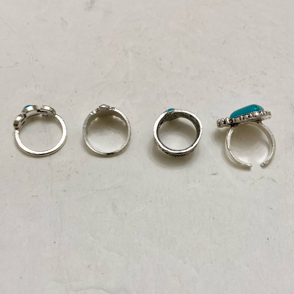 Vintage, 4pc Silver Tone- Faux Turquoise Rings (E)