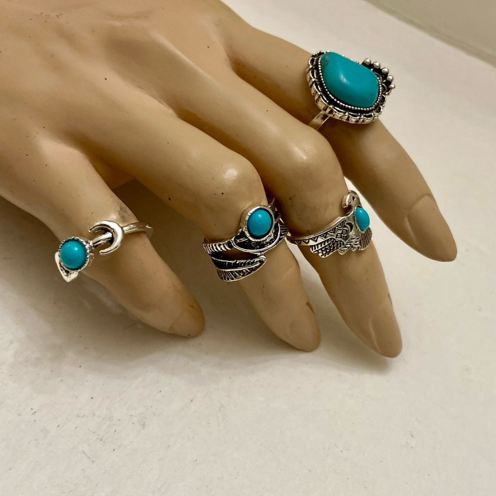 Vintage, 4pc Silver Tone- Faux Turquoise Rings (E)