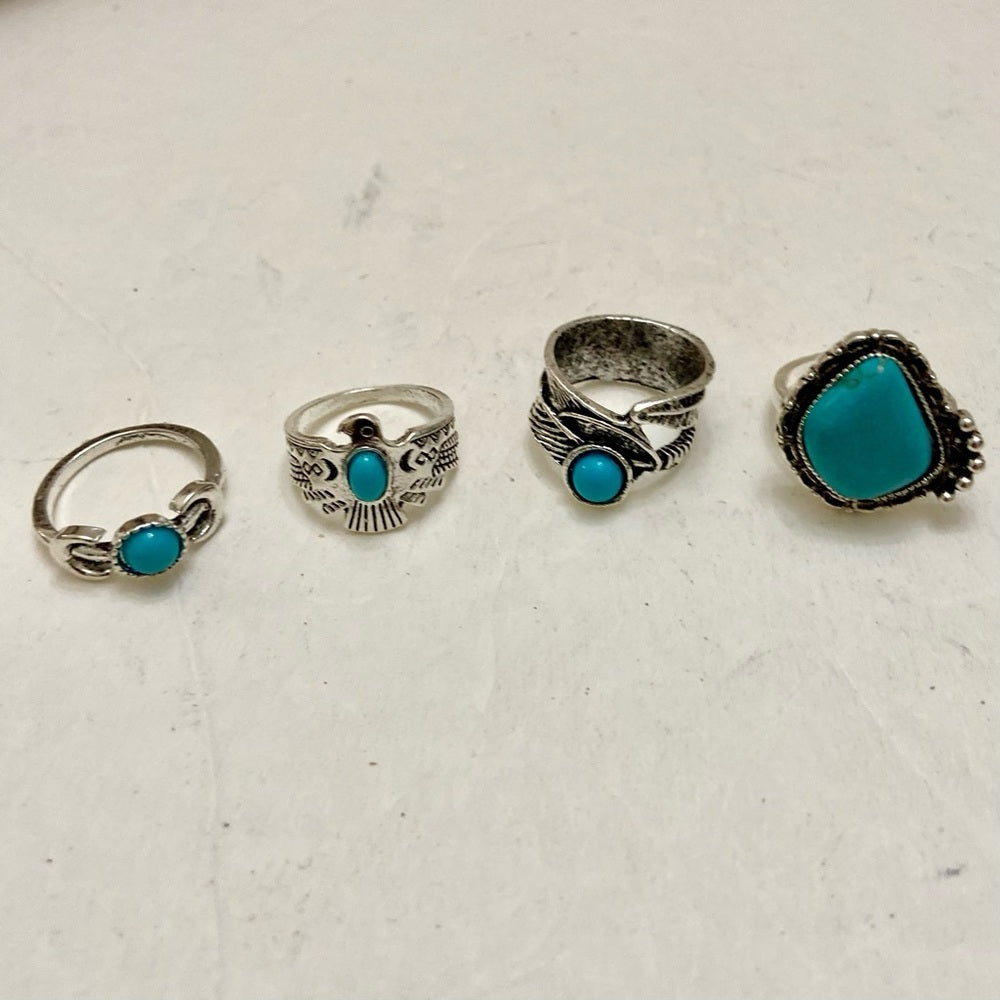 Vintage, 4pc Silver Tone- Faux Turquoise Rings (E)