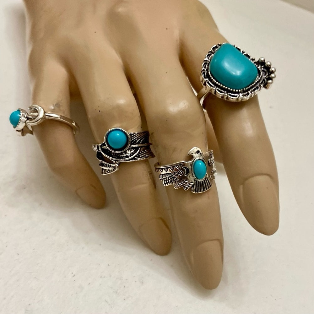 Vintage, 4pc Silver Tone- Faux Turquoise Rings (E)