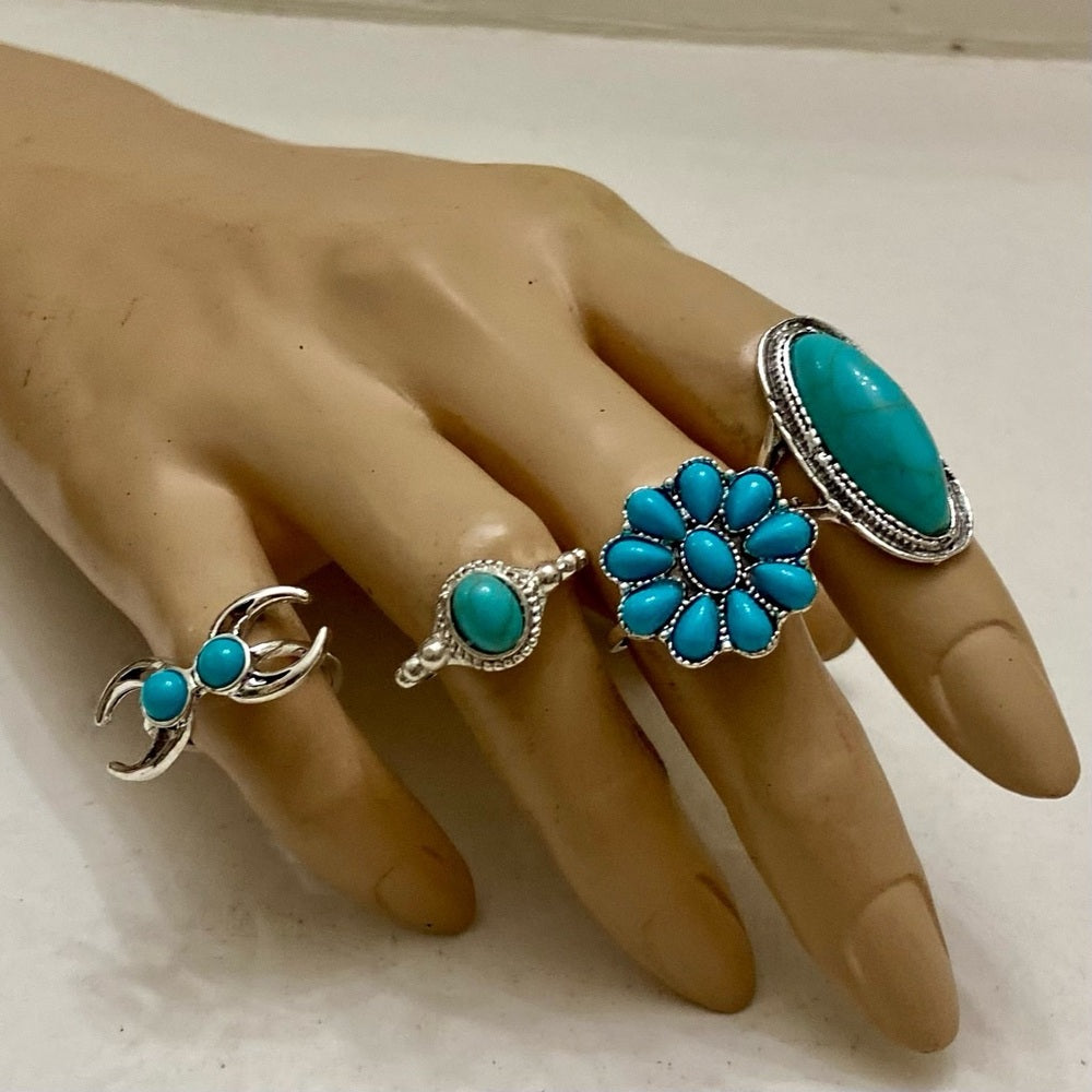 Vintage, 4pc Silver Tone- Faux Turquoise Rings (E)