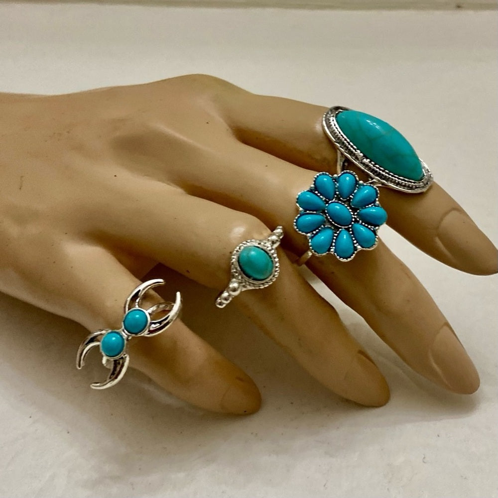 Vintage, 4pc Silver Tone- Faux Turquoise Rings (F)