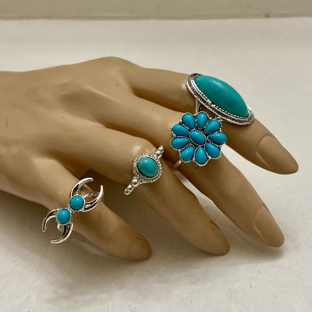Vintage, 4pc Silver Tone- Faux Turquoise Rings (F)