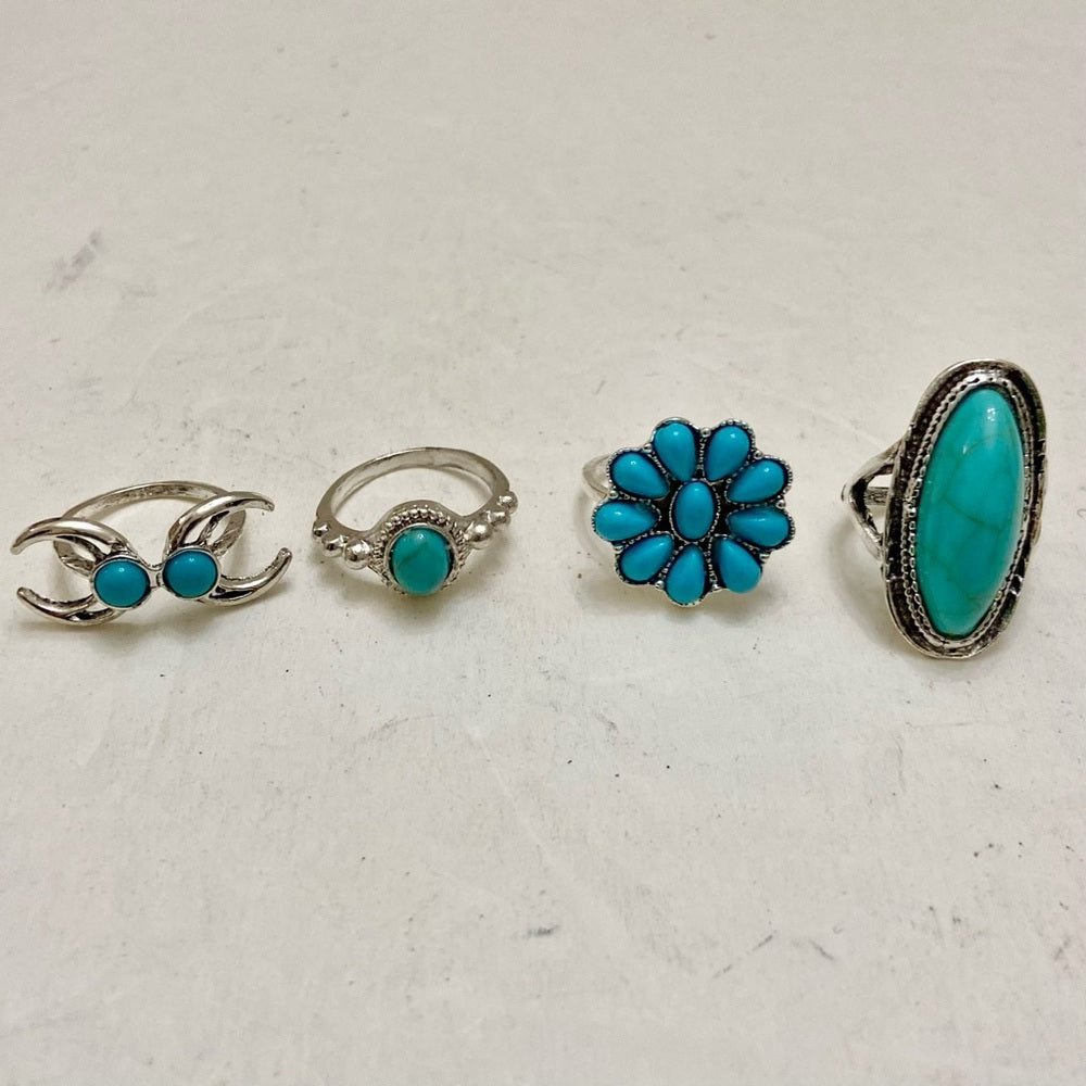 Vintage, 4pc Silver Tone- Faux Turquoise Rings (F)