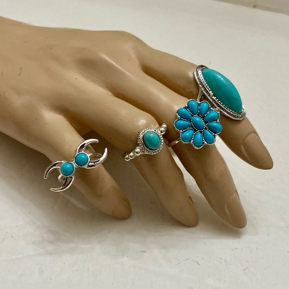 Vintage, 4pc Silver Tone- Faux Turquoise Rings (F)