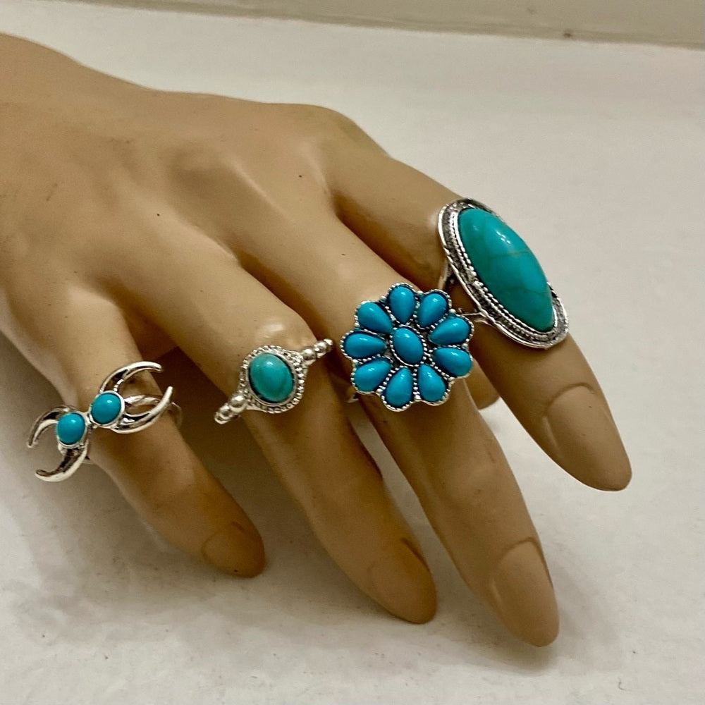 Vintage, 4pc Silver Tone- Faux Turquoise Rings (F)
