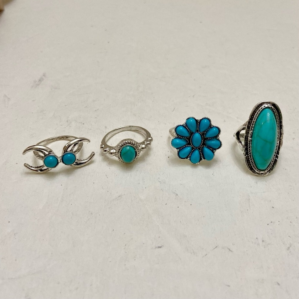 Vintage, 4pc Silver Tone- Faux Turquoise Rings (F)