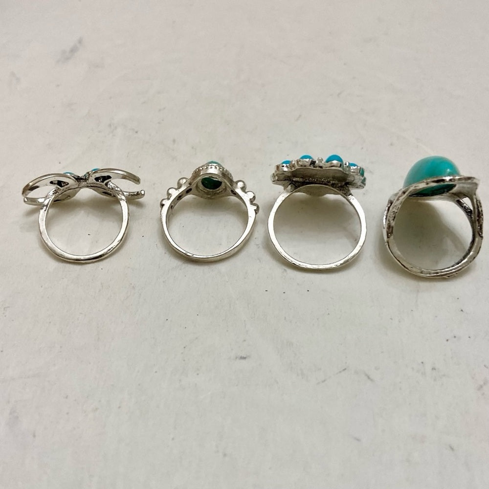Vintage, 4pc Silver Tone- Faux Turquoise Rings (F)