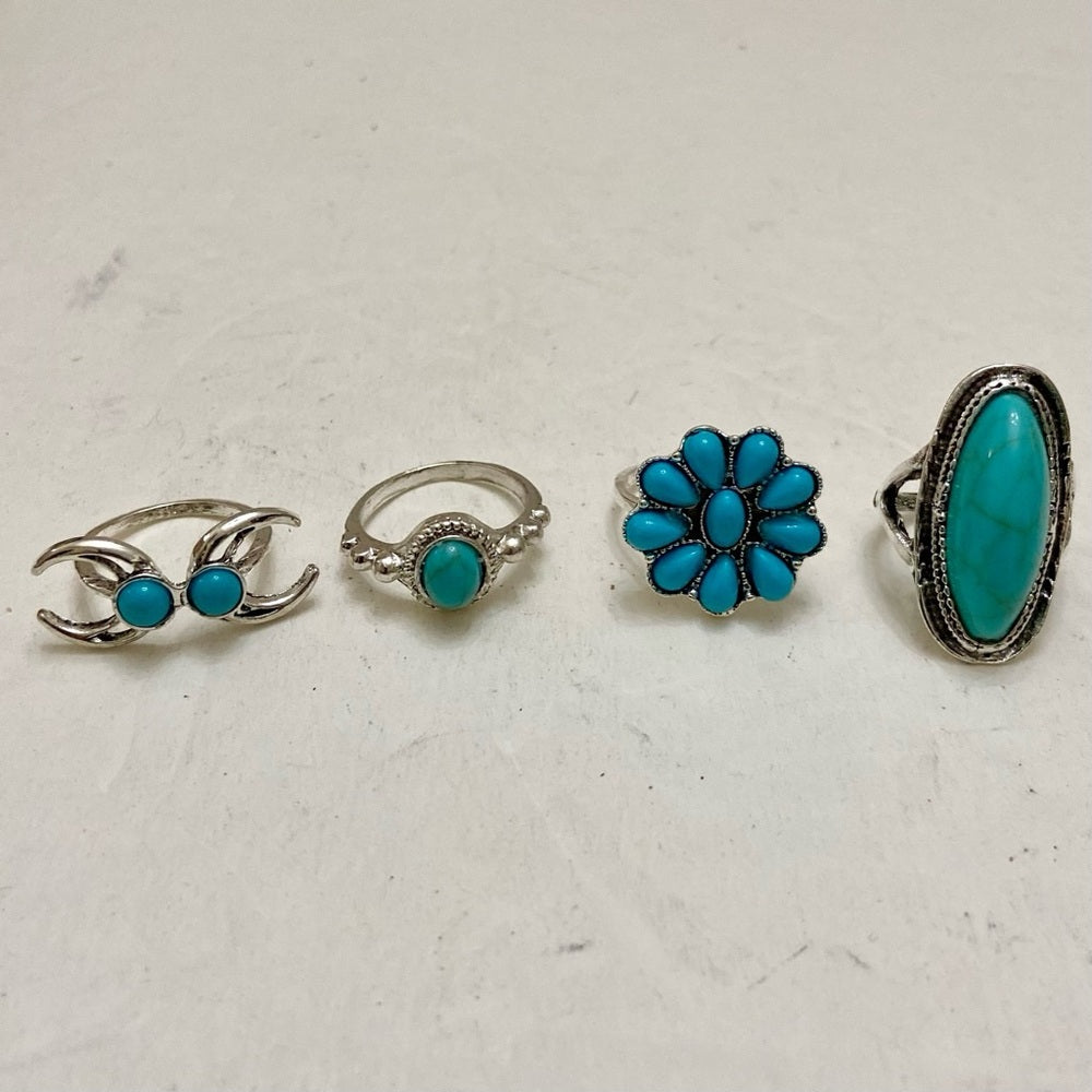 Vintage, 4pc Silver Tone- Faux Turquoise Rings (F)
