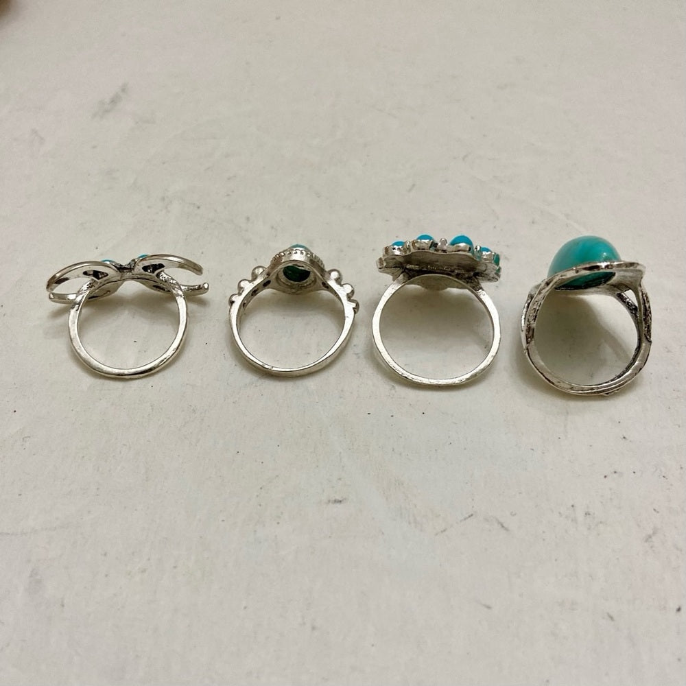 Vintage, 4pc Silver Tone- Faux Turquoise Rings (F)