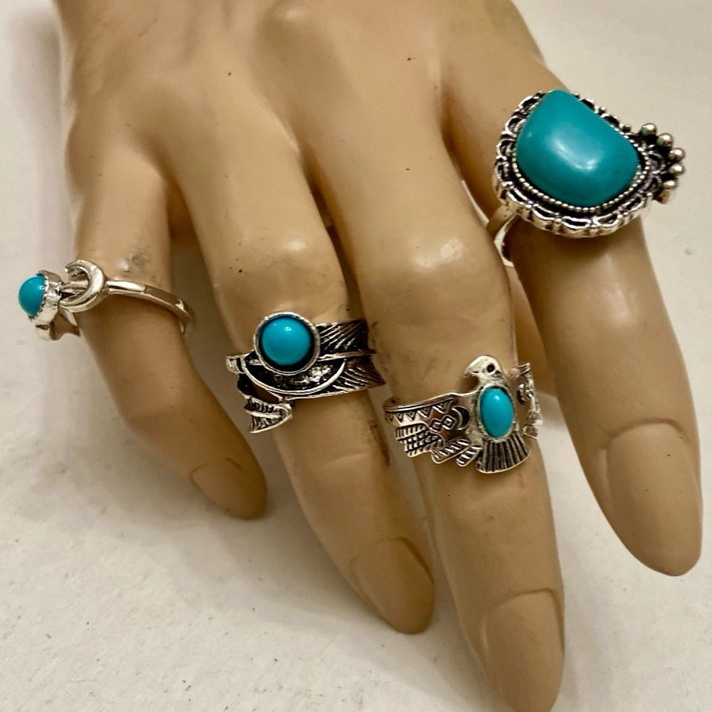 Vintage, 4pc Silver Tone- Faux Turquoise Rings (F)