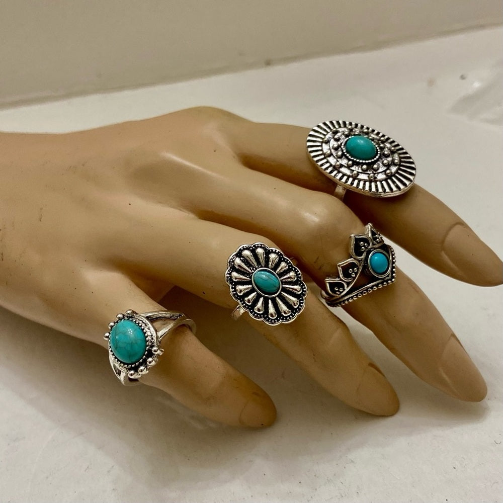 Vintage, 4pc Silver Tone- Faux Turquoise Rings (G)