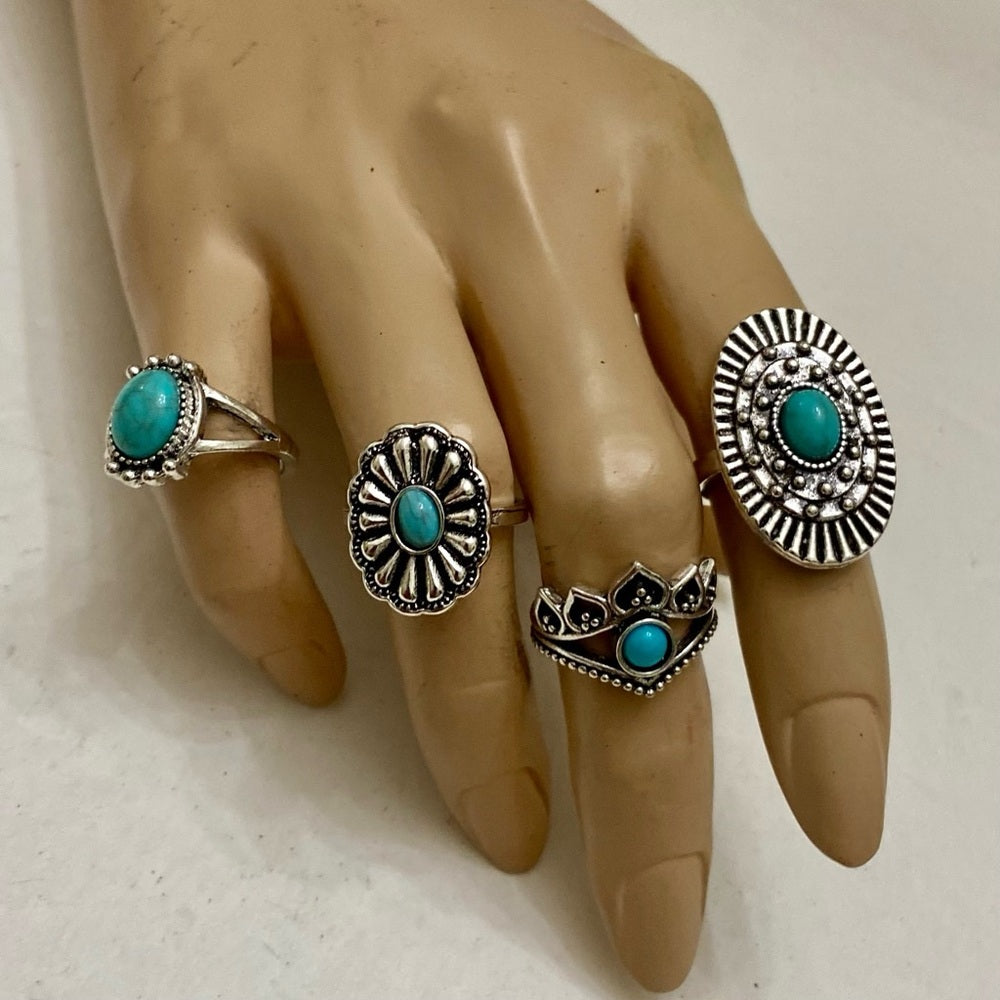 Vintage, 4pc Silver Tone- Faux Turquoise Rings (G)