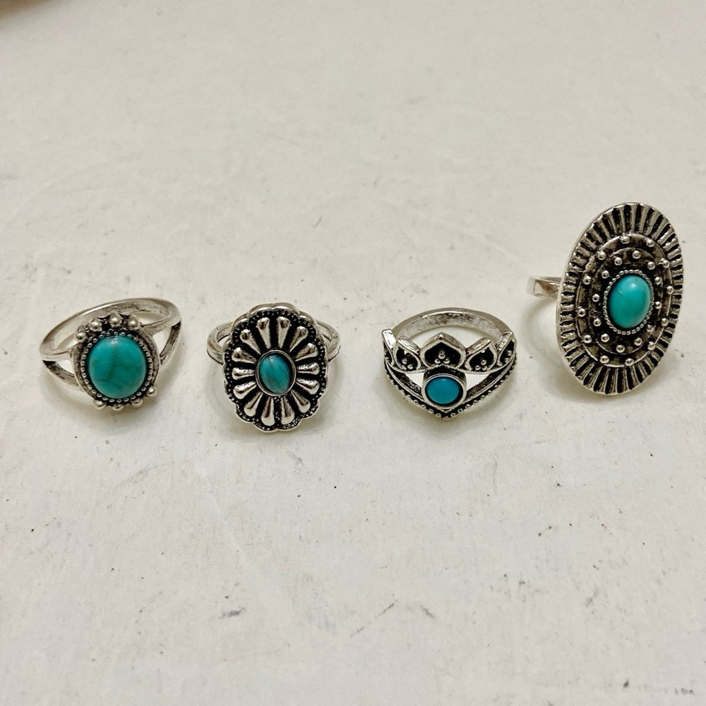 Vintage, 4pc Silver Tone- Faux Turquoise Rings (G)