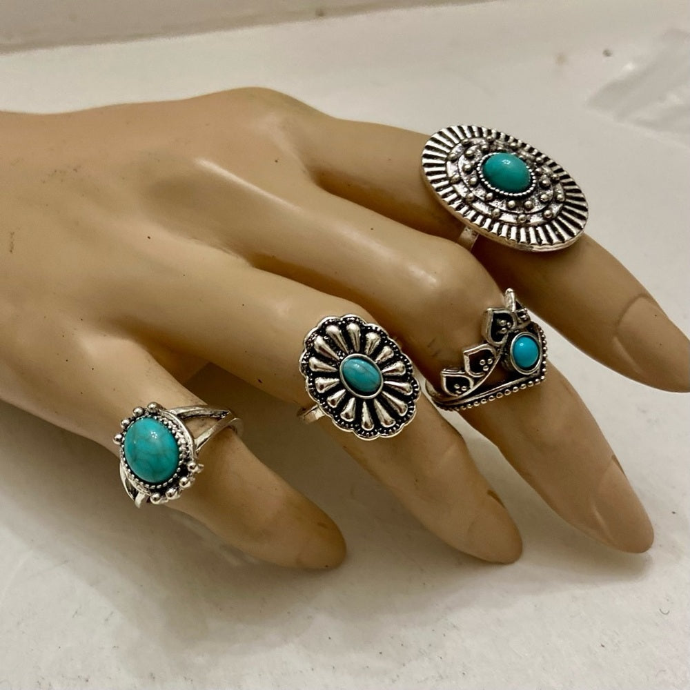 Vintage, 4pc Silver Tone- Faux Turquoise Rings (G)