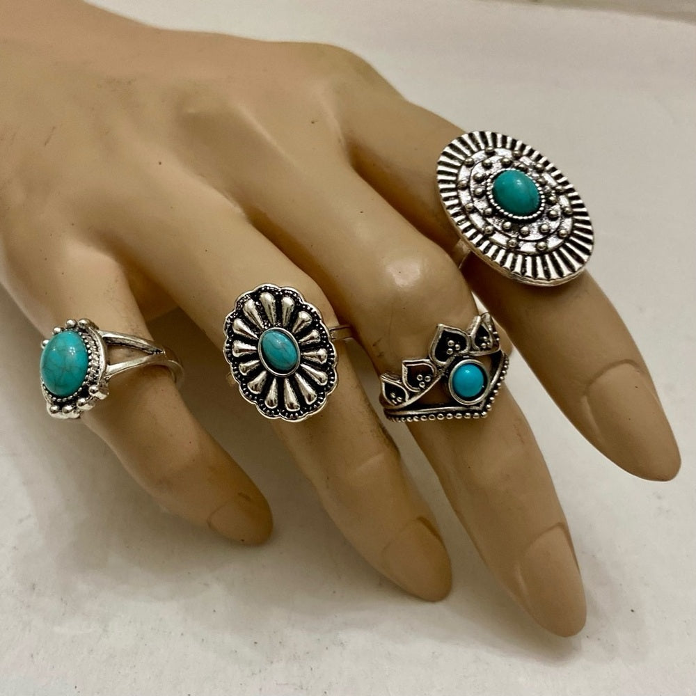 Vintage, 4pc Silver Tone- Faux Turquoise Rings (G)