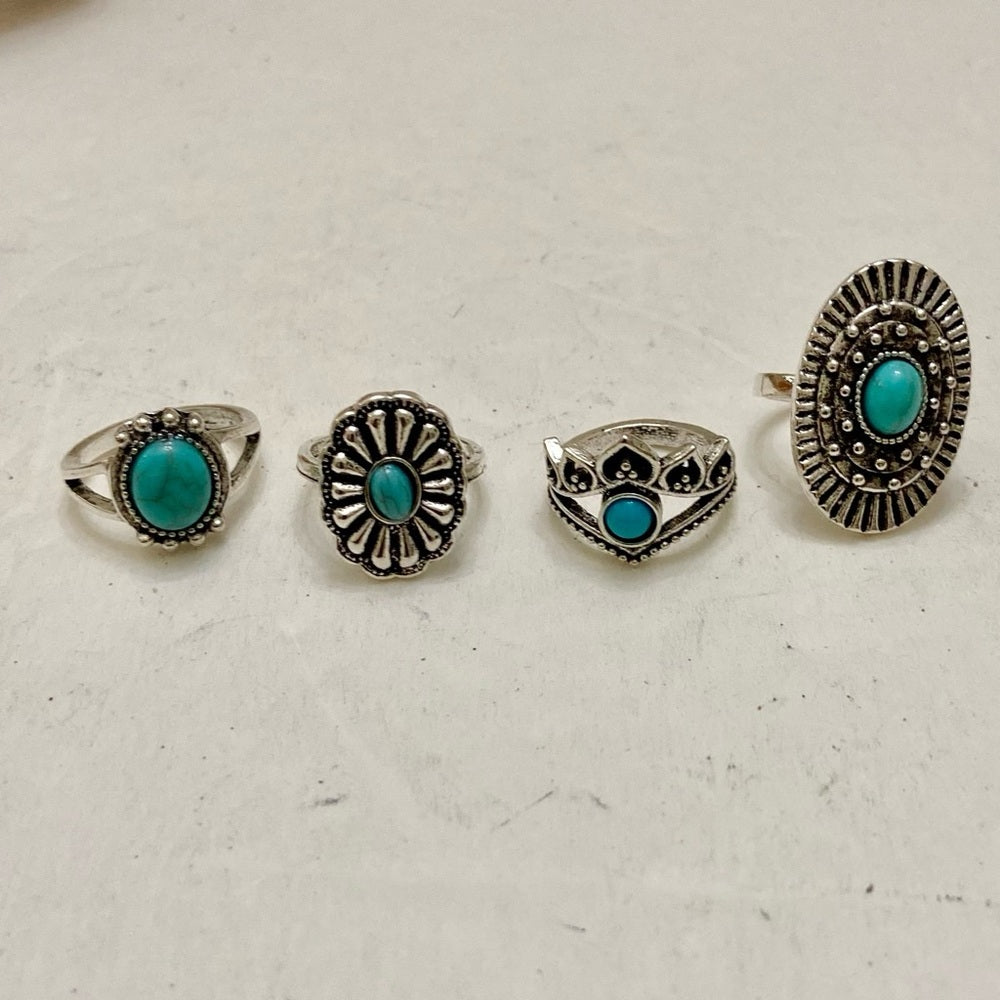 Vintage, 4pc Silver Tone- Faux Turquoise Rings (G)