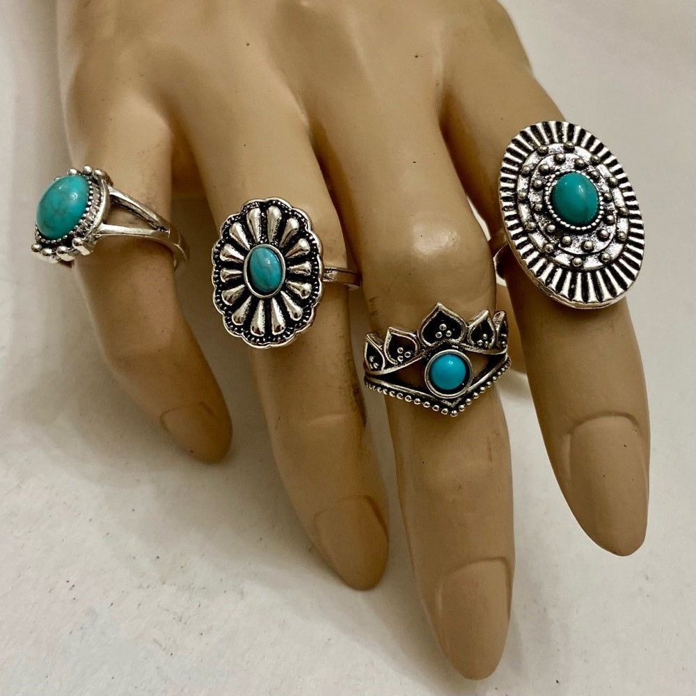 Vintage, 4pc Silver Tone- Faux Turquoise Rings (G)