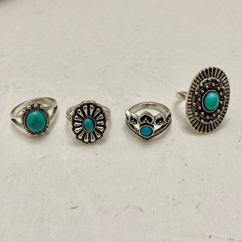 Vintage, 4pc Silver Tone- Faux Turquoise Rings (G)