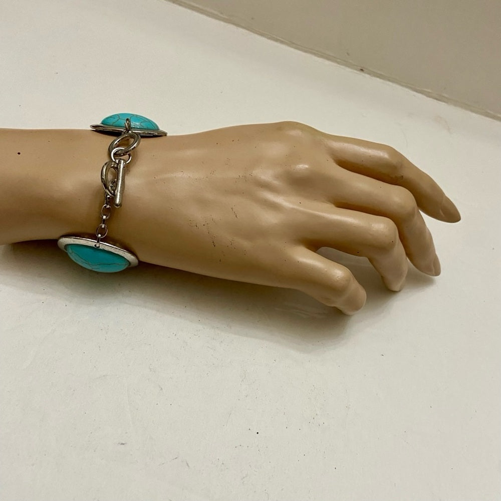 Vintage, Silver Tone and 5pc Faux Turquoise Chain Bracelet 8in L x 2in W