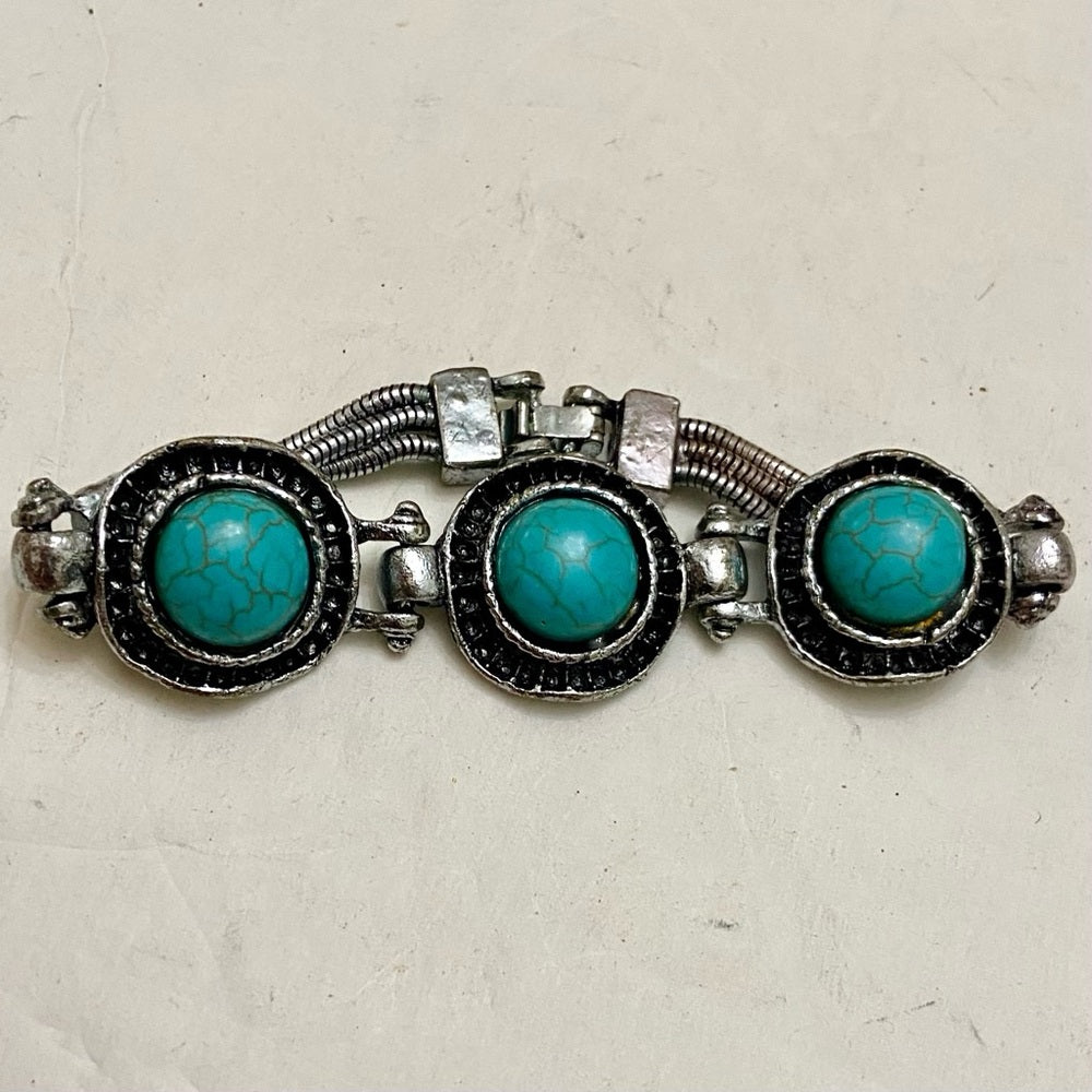 Vintage, Silver Tone and 3 Faux Turquoise Chain Bracelet 8in L x 1in W