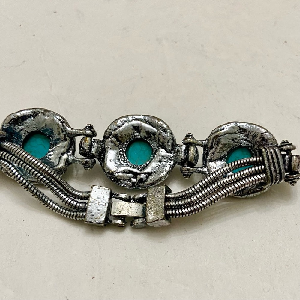 Vintage, Silver Tone and 3 Faux Turquoise Chain Bracelet 8in L x 1in W