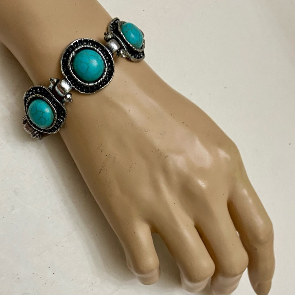 Vintage, Silver Tone and 3 Faux Turquoise Chain Bracelet 8in L x 1in W