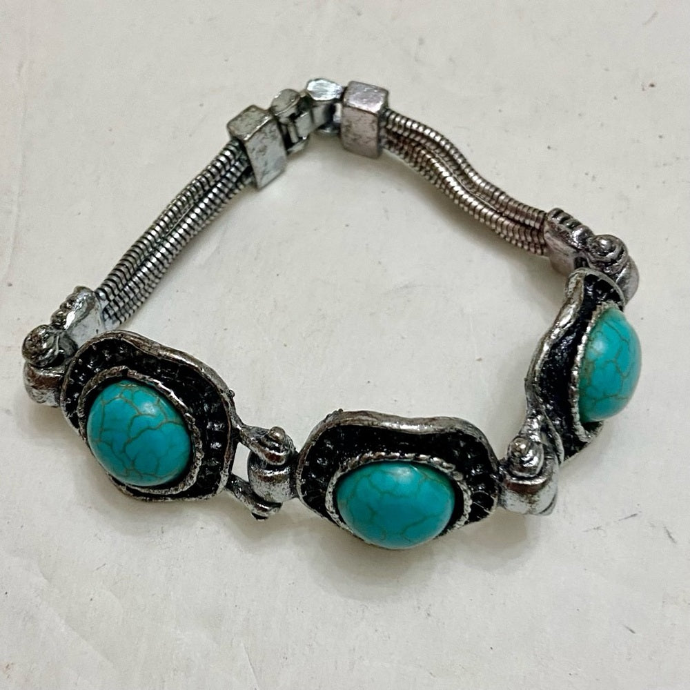 Vintage, Silver Tone and 3 Faux Turquoise Chain Bracelet 8in L x 1in W