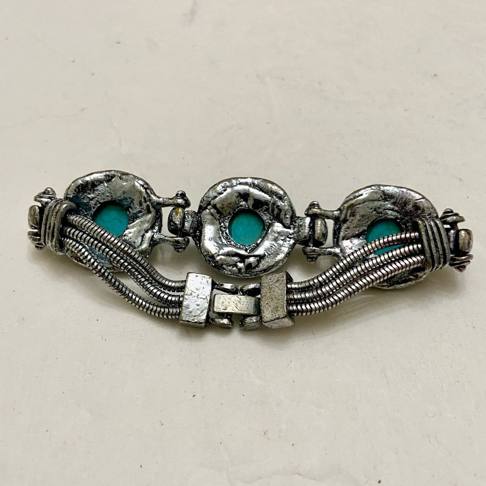 Vintage, Silver Tone and 3 Faux Turquoise Chain Bracelet 8in L x 1in W