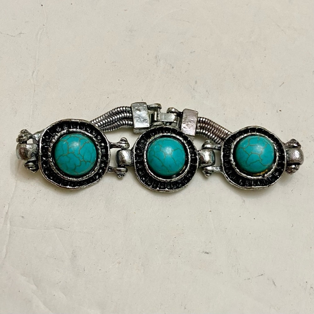 Vintage, Silver Tone and 3 Faux Turquoise Chain Bracelet 8in L x 1in W