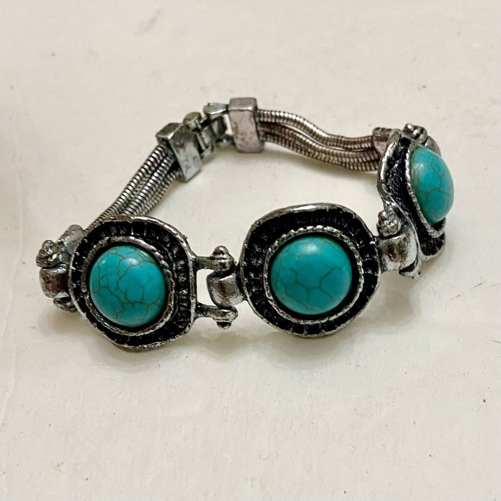 Vintage, Silver Tone and 3 Faux Turquoise Chain Bracelet 8in L x 1in W