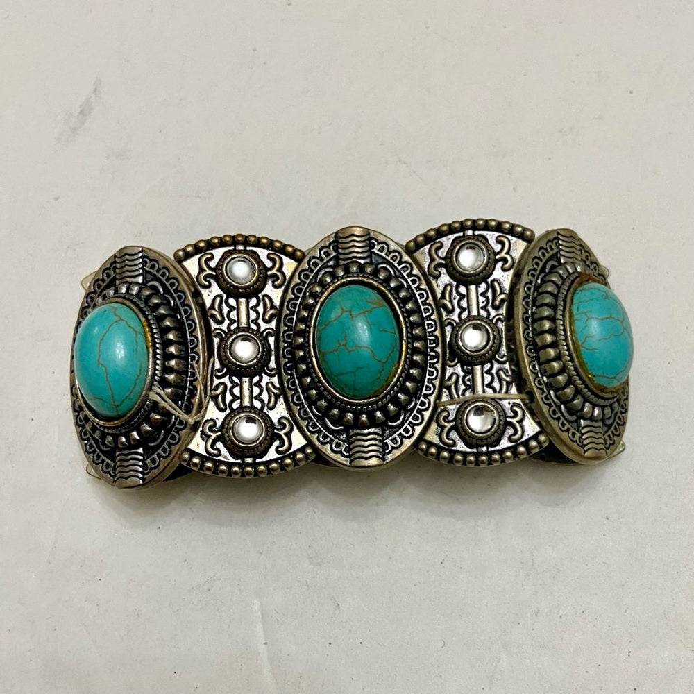 Vintage, Silver Tone and 5 pc Faux Turquoise Elastic Bracelet 8in L x 1.5in W