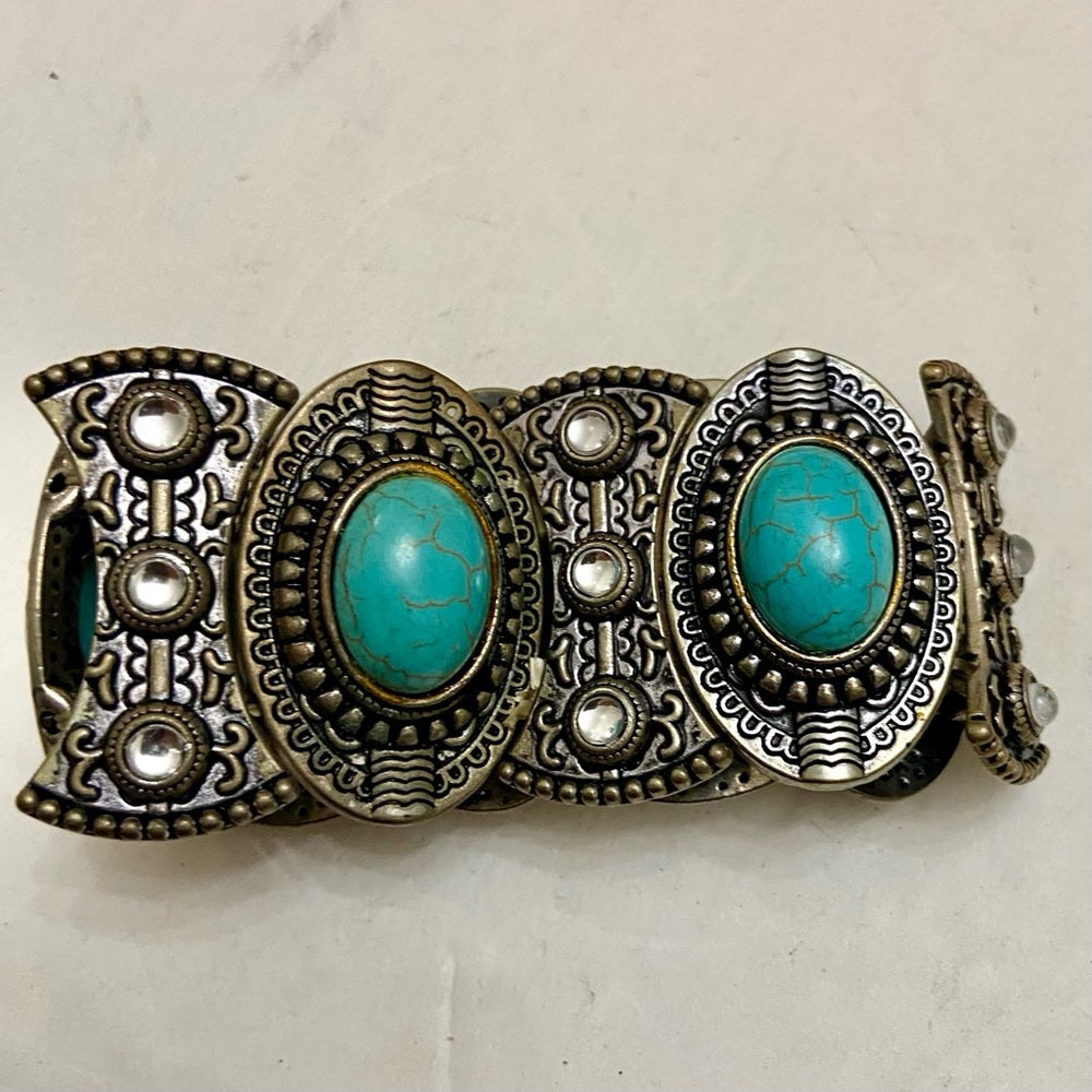 Vintage, Silver Tone and 5 pc Faux Turquoise Elastic Bracelet 8in L x 1.5in W
