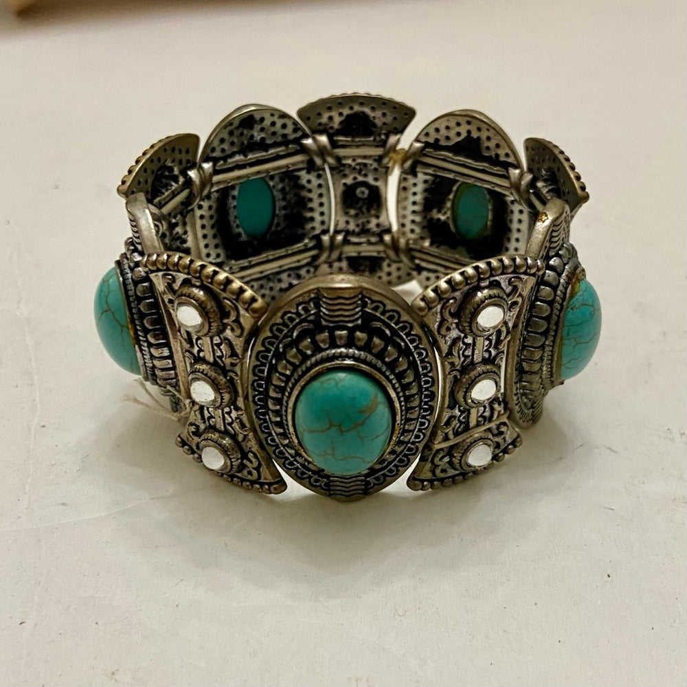 Vintage, Silver Tone and 5 pc Faux Turquoise Elastic Bracelet 8in L x 1.5in W