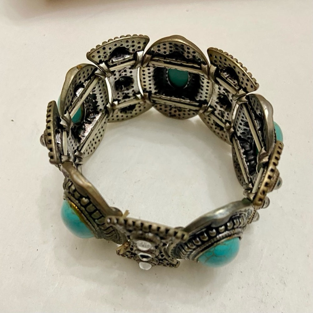 Vintage, Silver Tone and 5 pc Faux Turquoise Elastic Bracelet 8in L x 1.5in W
