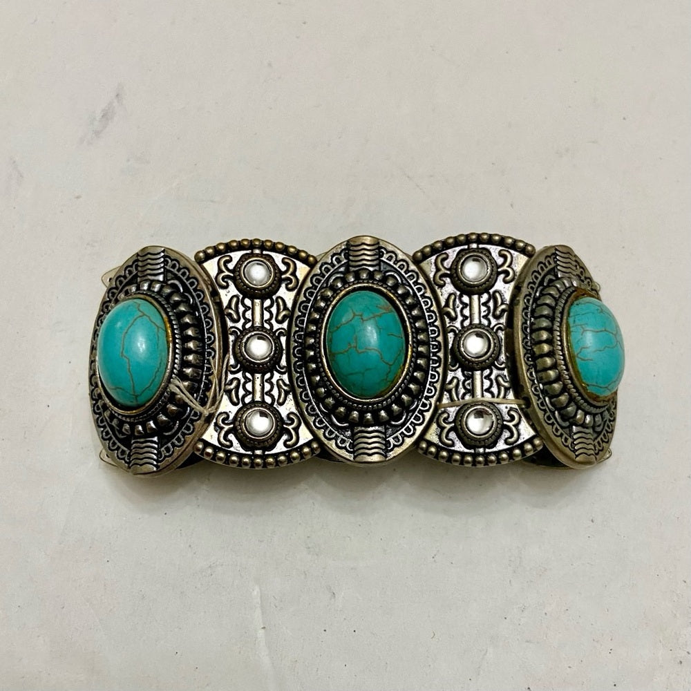 Vintage, Silver Tone and 5 pc Faux Turquoise Elastic Bracelet 8in L x 1.5in W