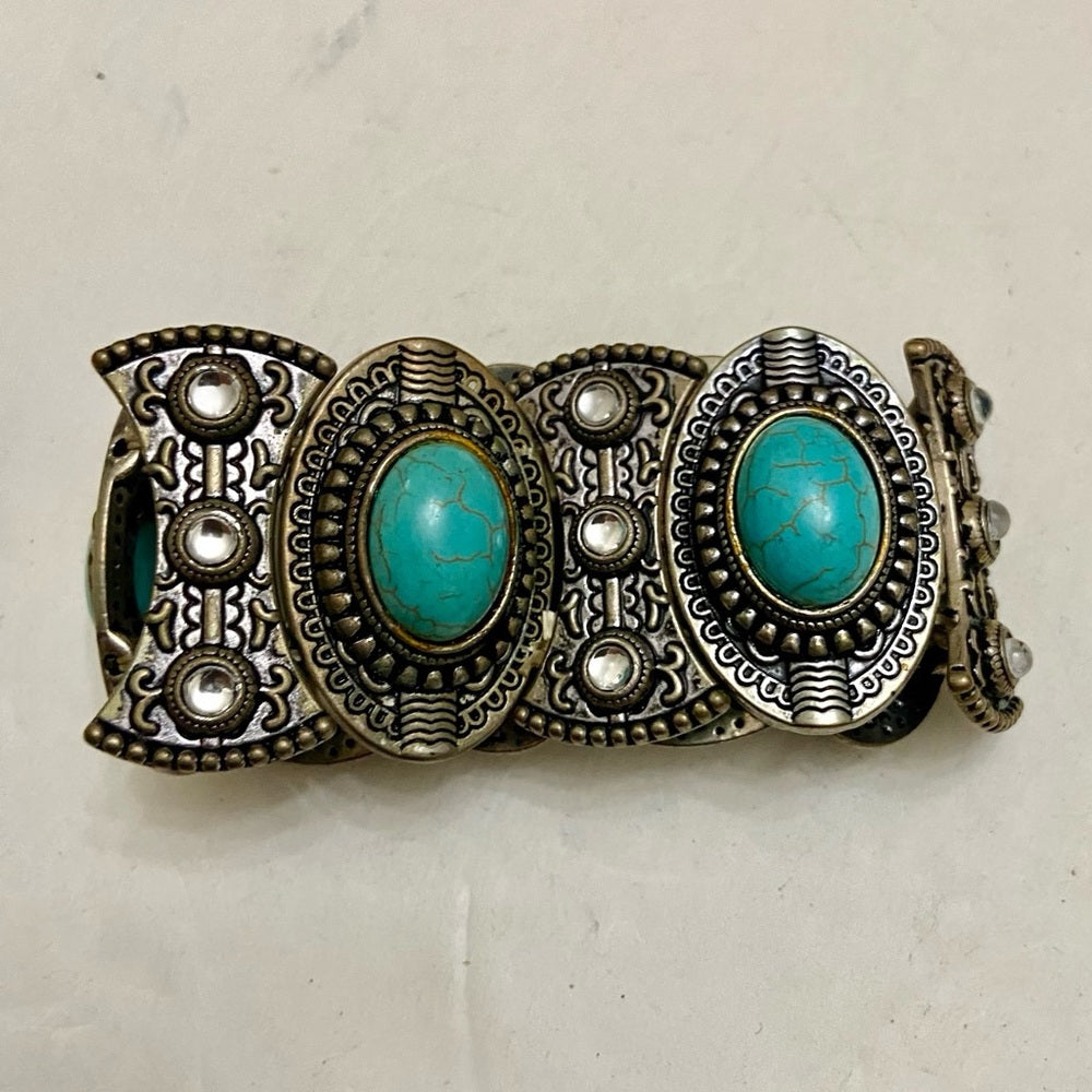 Vintage, Silver Tone and 5 pc Faux Turquoise Elastic Bracelet 8in L x 1.5in W