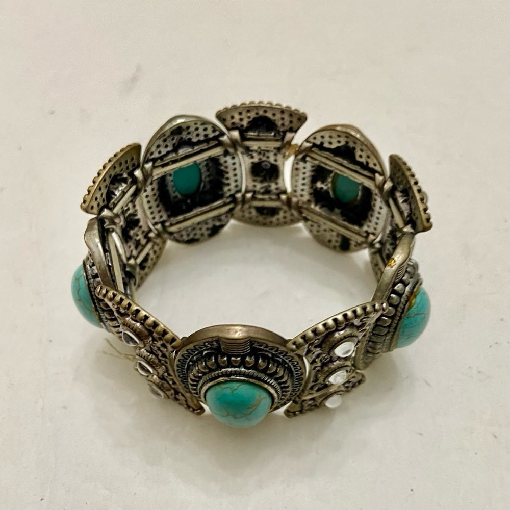 Vintage, Silver Tone and 5 pc Faux Turquoise Elastic Bracelet 8in L x 1.5in W