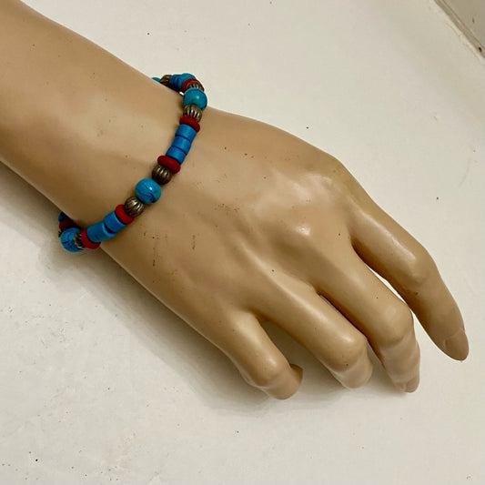 Vintage Turquoise, Corals and Silver Beaded Elastic Bracelet