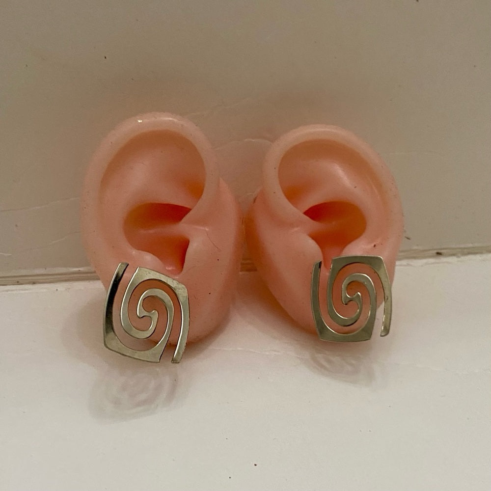 Vintage Silver Tone Abstract Pierced Earrings