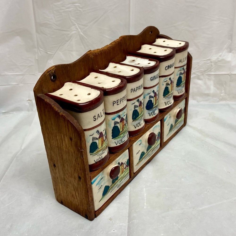 Vintage, Rare, Japan, 10-pc Holland-Windmill Shaker Set  with Wooden Rack
