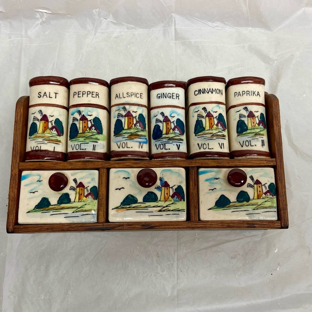 Vintage, Rare, Japan, 10-pc Holland-Windmill Shaker Set  with Wooden Rack