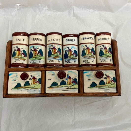 Vintage, Rare, Japan, 10-pc Holland-Windmill Shaker Set  with Wooden Rack