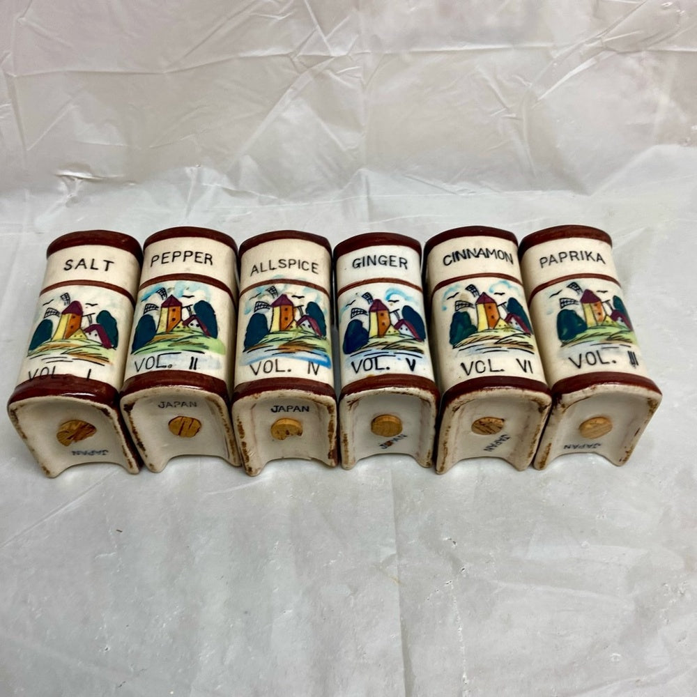 Vintage, Rare, Japan, 10-pc Holland-Windmill Shaker Set  with Wooden Rack