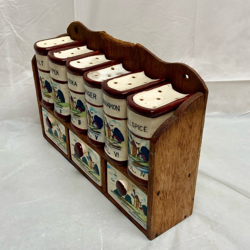 Vintage, Rare, Japan, 10-pc Holland-Windmill Shaker Set  with Wooden Rack