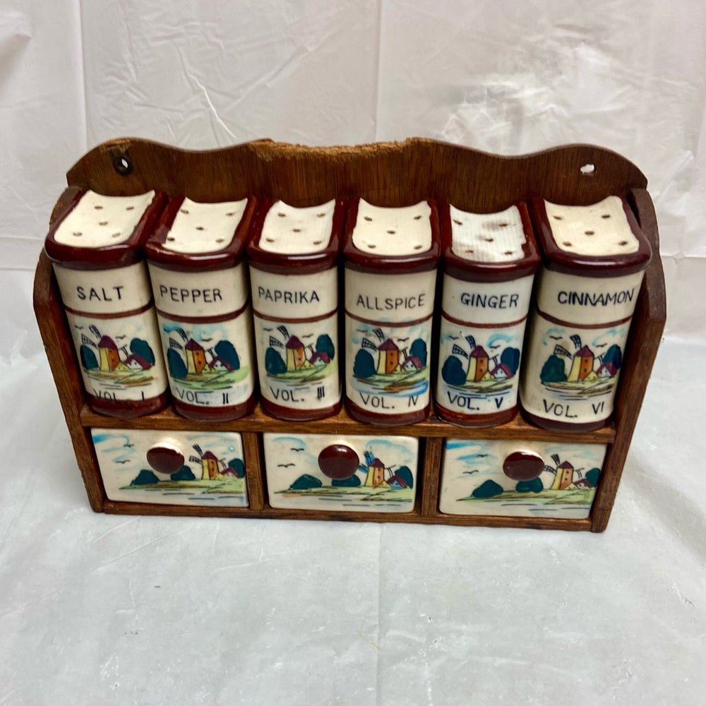 Vintage, Rare, Japan, 10-pc Holland-Windmill Shaker Set  with Wooden Rack