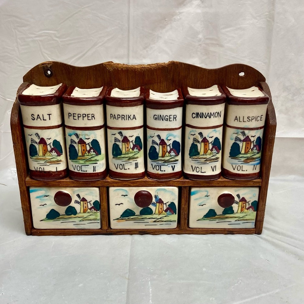 Vintage, Rare, Japan, 10-pc Holland-Windmill Shaker Set  with Wooden Rack