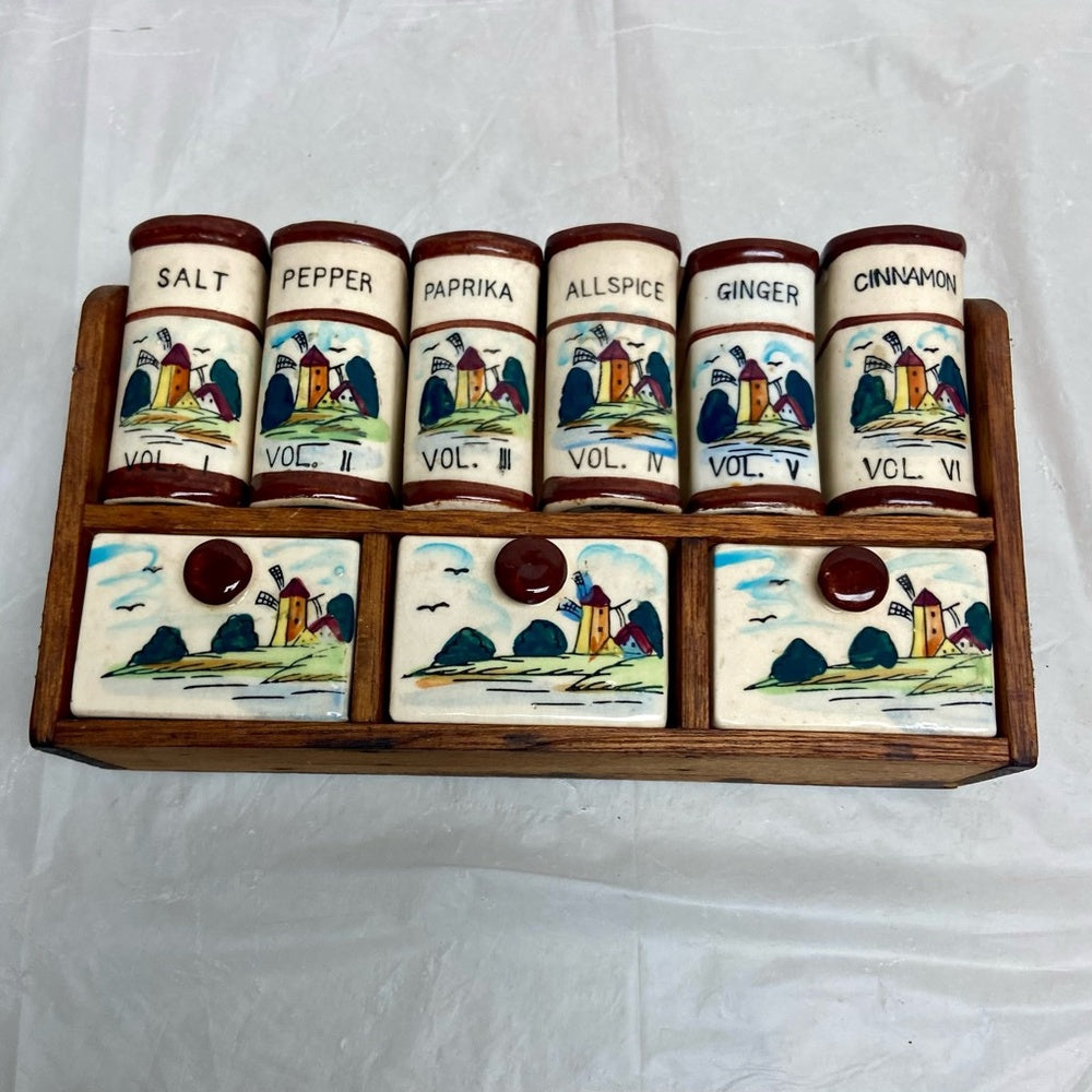 Vintage, Rare, Japan, 10-pc Holland-Windmill Shaker Set  with Wooden Rack